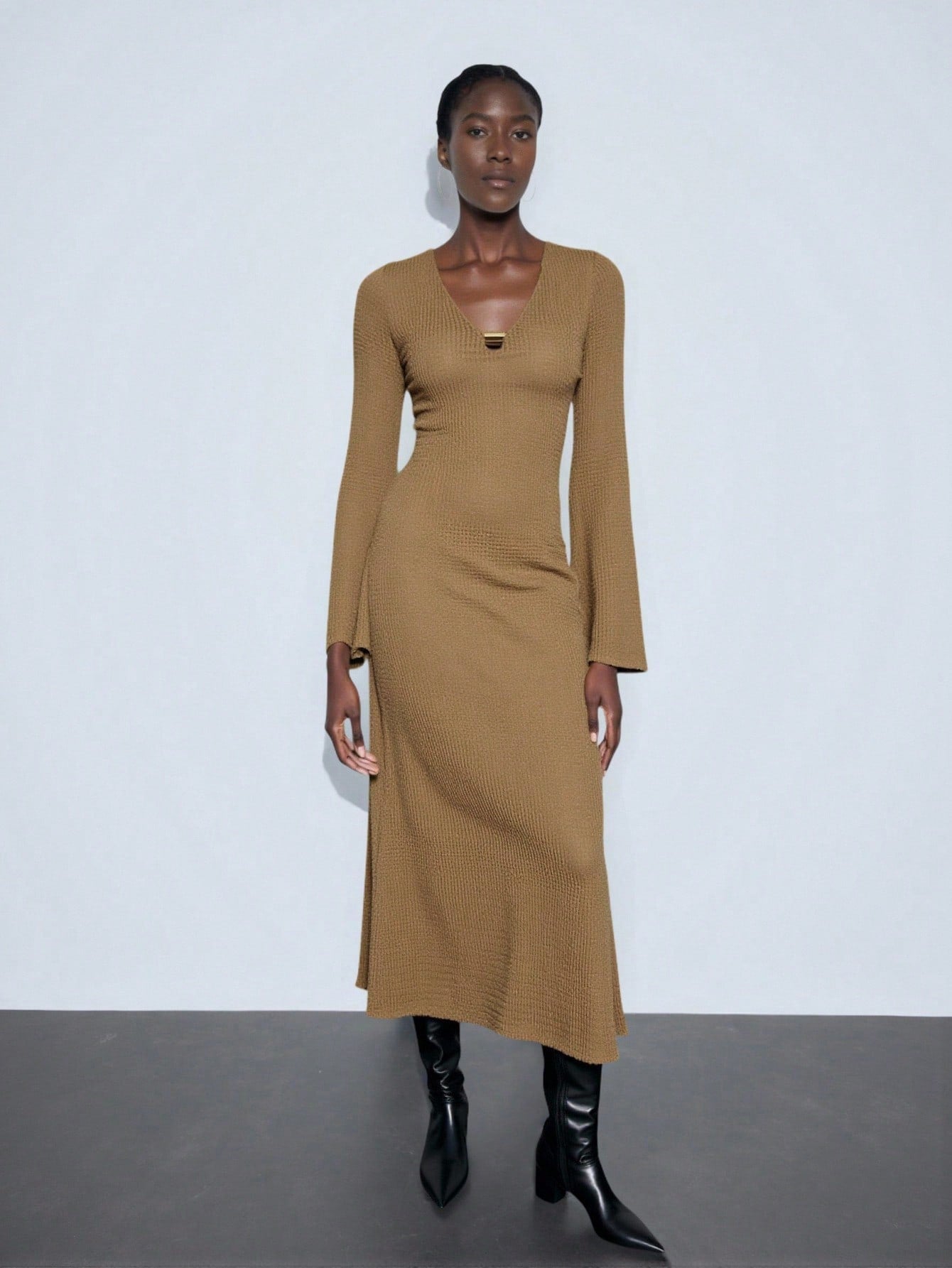 brown leather pleated dress Chic Buckle V-Neck Short for Women Leather midi dress