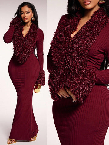 Step out in style with this chic burgundy faux fur bodycon maxi dress that hugs your curves perfectly. The dramatic mermaid hem adds a flirty flair, while the feather trim brings a fun, luxurious touch. Ideal for turning heads at parties or special nights out, this dress blends cozy texture with eye-catching elegance effortlessly.