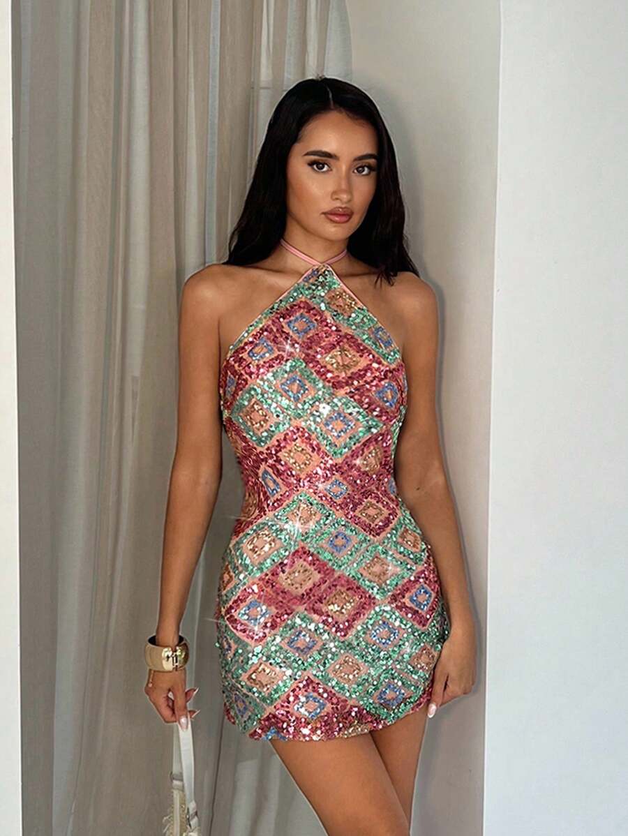 geometric sequin halter mini dress with asymmetrical neckline, backless tie neck, bodycon mini fit, argyle diamond sequin pattern, multicolor and red variants image 1