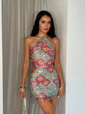 geometric sequin halter mini dress with asymmetrical neckline, backless tie neck, bodycon mini fit, argyle diamond sequin pattern, multicolor and red variants image 1