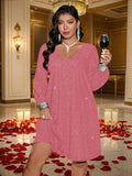 Effortlessly slay any occasion with this chic burgundy plus size v-neck mini dress. This figure-flattering dress is perfect for every occasion, adding a touch of effortless style to your wardrobe. Perfect for the confident and fashion-forward woman.