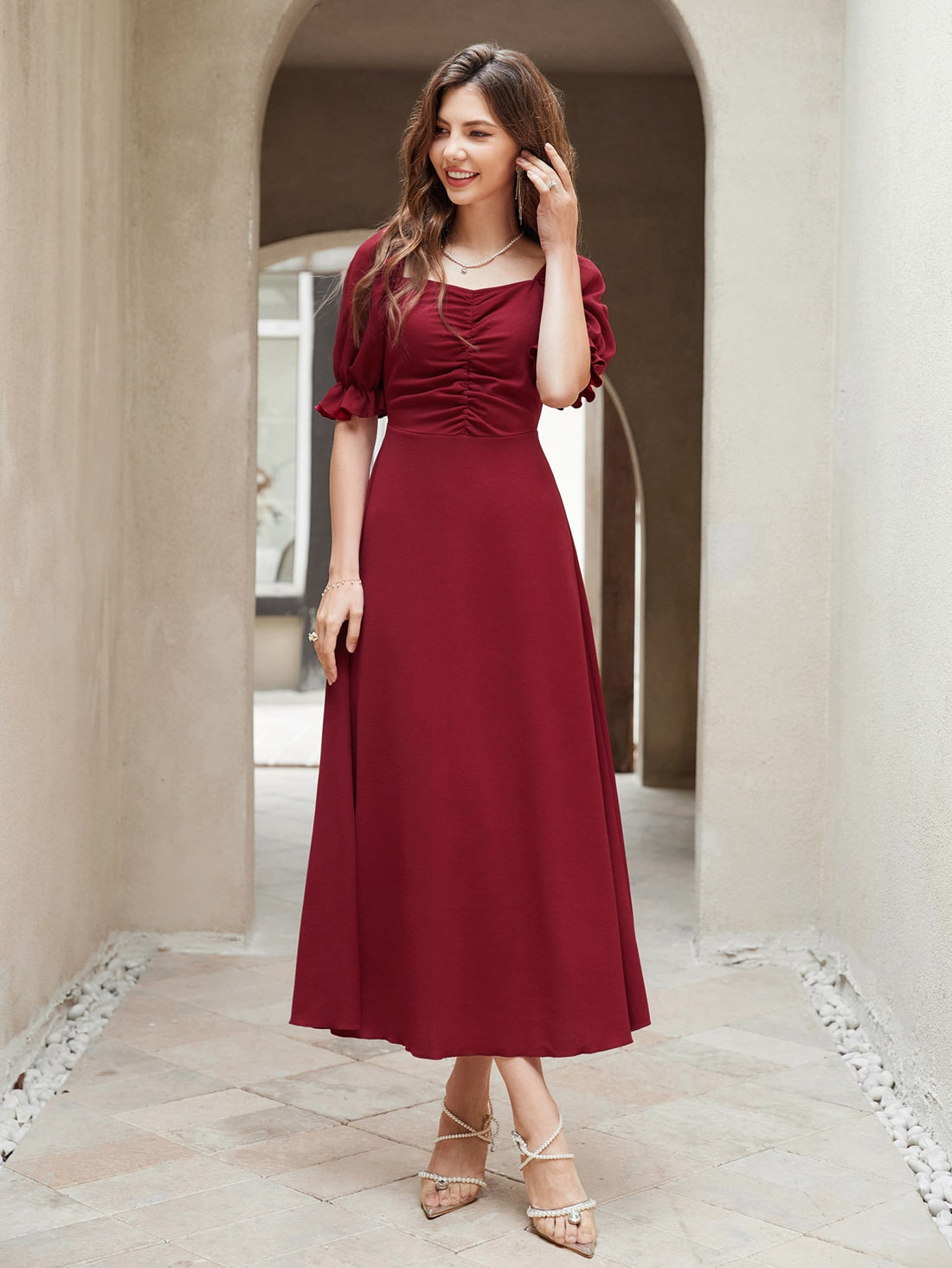 Get ready to turn heads and make a statement with our Chic Burgundy Ruched Puff Sleeve A-Line Dress! Perfect for any occasion, this dress exudes elegance and style. The unique ruched design and playful puff sleeves add a touch of quirkiness to this otherwise classic look. Be the life of the party in this must-have dress!