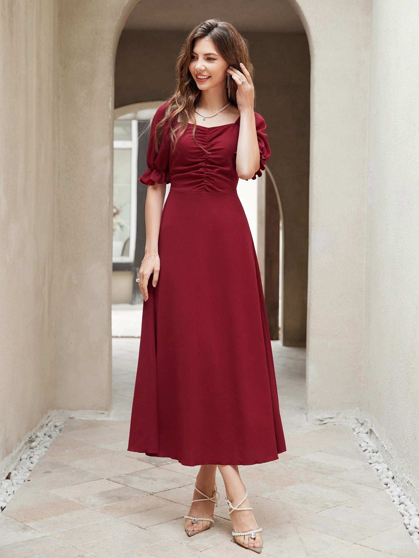 Get ready to turn heads and make a statement with our Chic Burgundy Ruched Puff Sleeve A-Line Dress! Perfect for any occasion, this dress exudes elegance and style. The unique ruched design and playful puff sleeves add a touch of quirkiness to this otherwise classic look. Be the life of the party in this must-have dress!