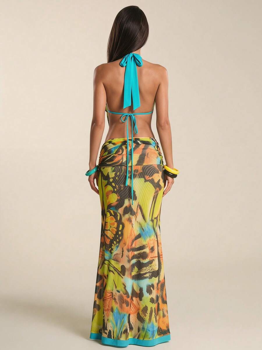 Side view of Chic Butterfly Print 2-Piece Vacation Set: Backless Camisole & Long Slit Maxi Skirt for Beach Getaways for women co-ord styling