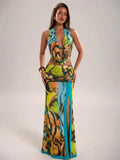 Front view of Chic Butterfly Print 2-Piece Vacation Set: Backless Camisole & Long Slit Maxi Skirt for Beach Getaways for women co-ord styling