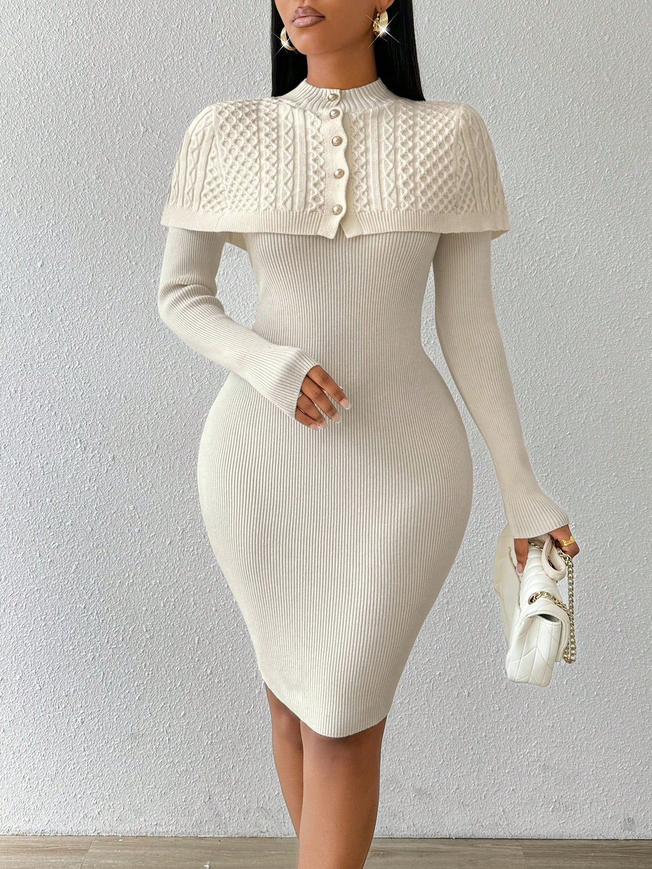 Elevate your winter wardrobe with our Chic Cape-Style Sweater Dress. Expertly crafted with twist-texture fabric, this dress offers a unique and stylish look. The metal buckle detail adds a touch of sophistication. With its versatile cape-style design, this dress can be dressed up or down for any occasion.