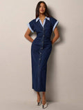 Chic Casual Denim Dress for Women with Roll-Up Short Sleeves and Waist Cinch 