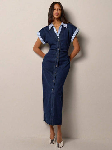 Chic Casual Denim Dress for Women with Roll-Up Short Sleeves and Waist Cinch 