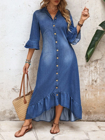 Front view of blue denim shirt dress with collar buttons bell sleeves and ruffle hem