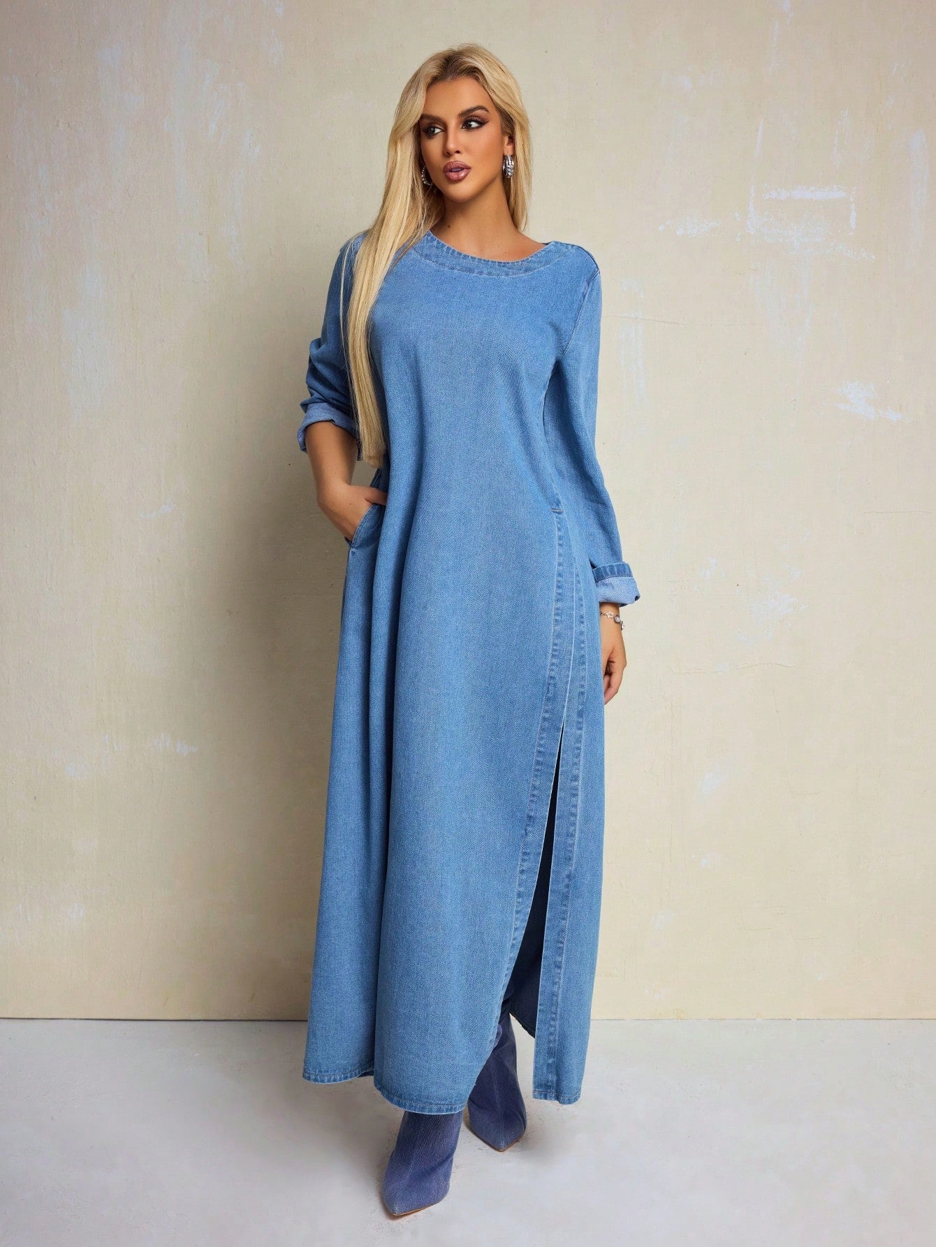 Step into effortless autumn cool with this Chic Casual Long Sleeve Denim Dress. Crafted for comfort and style, its playful side slit adds a flirty twist while the long sleeves keep you cozy on crisp days. Perfect for layering or wearing solo, this dress turns everyday outfits into a fun fashion moment.