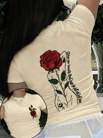 This women's t-shirt combines chic style and casual comfort with its rose letter print and short sleeve design. Perfect for a casual day out or to elevate your everyday look. Made for comfort and style with a touch of femininity.