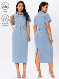 This chic denim dress is designed to flatter every woman's figure with its slim fit style. The button-decorated design adds a touch of charm and sophistication. Perfect for any occasion, this dress is sure to make a statement and elevate your style game.