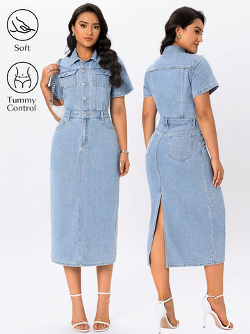 This chic denim dress is designed to flatter every woman's figure with its slim fit style. The button-decorated design adds a touch of charm and sophistication. Perfect for any occasion, this dress is sure to make a statement and elevate your style game.