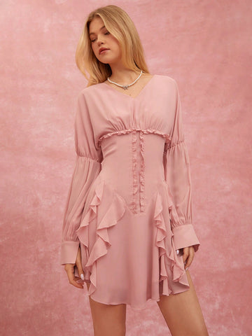 Effortlessly exude style in our Chic & Charming V-Neck Ruffle Hem Mini Dress. A flirty v-neck and playful ruffle hem add a touch of charm to this versatile dress. Perfect for any occasion, this dress is sure to be a staple in your wardrobe.