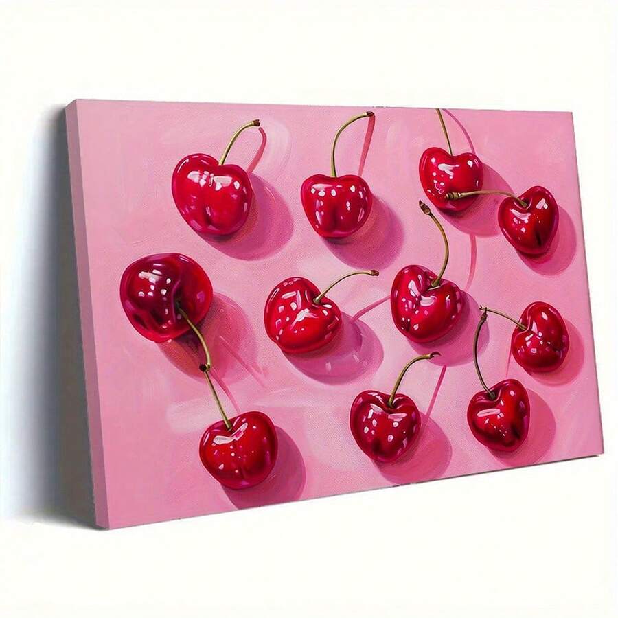 Product view of glossy red cherry canvas wall art on pink background