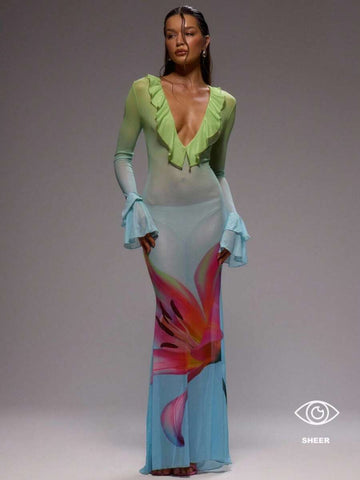 Green mesh maxi dress view 1