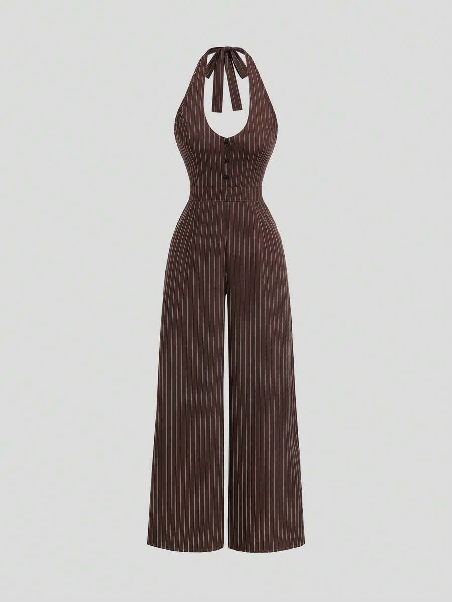 Front view of coffee brown pinstripe halter wide-leg jumpsuit with self-tie keyhole neckline