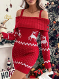 Close front view of red Christmas sweater mini dress with off-shoulder foldover neckline, shoulder straps and white reindeer pattern