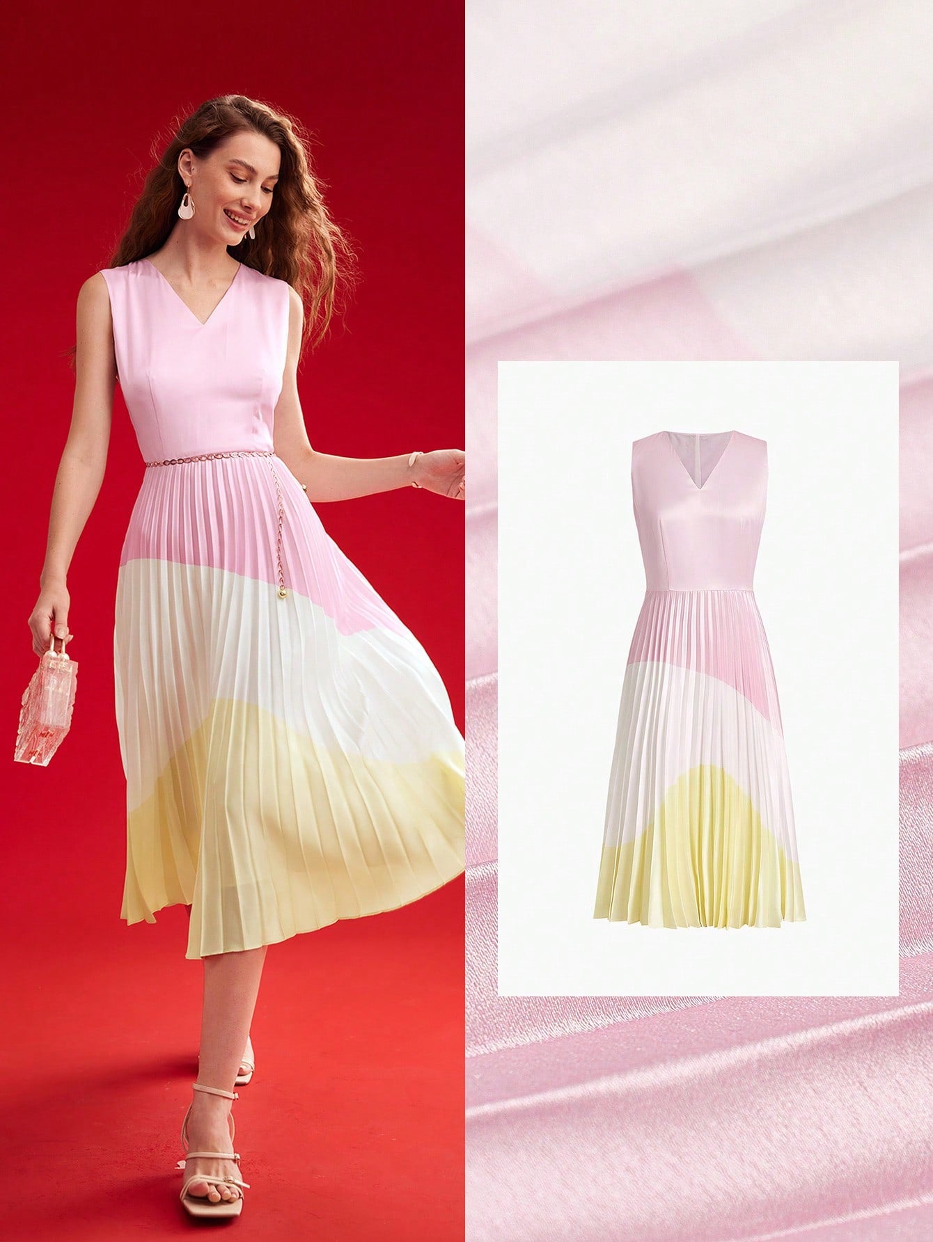 This chic color block pleated hem dress is a must-have for trendsetting women. Its unique design adds a modern and stylish touch to your wardrobe. The pleated hem provides a flattering silhouette, while the bold color block pattern makes a statement.