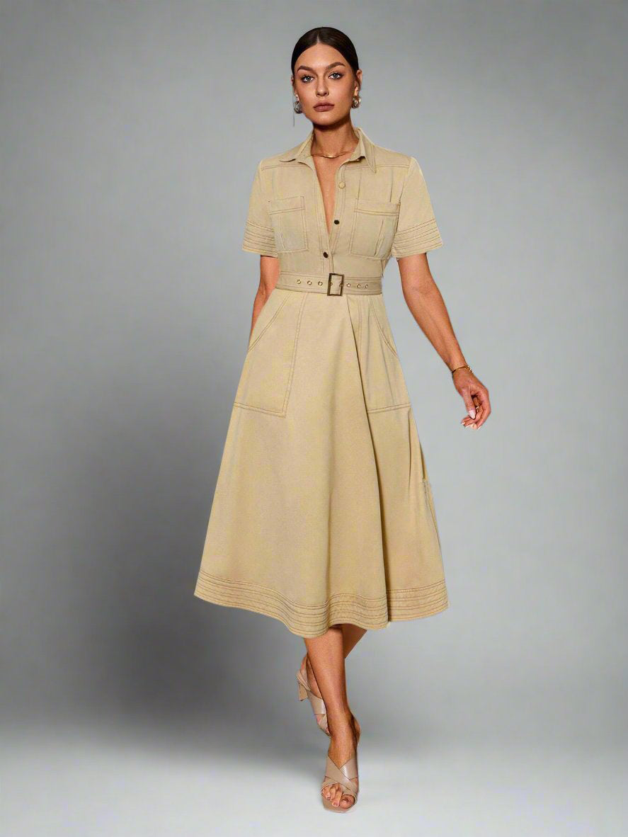 This chic color block polo dress features a belted waist for a flattering silhouette and pocket detail for added style. Look effortlessly stylish and put-together with this versatile piece. Perfect for any occasion, this dress is a must-have for any fashion-forward individual.
