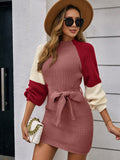 Effortlessly elevate your style with our Chic Color Block Raglan Sleeve Sweater Dress. With its raglan sleeves and color block design, this dress adds a touch of sophistication to any occasion. Complete the look with the included belt for a perfectly polished silhouette.