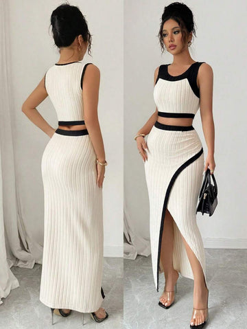 Elevate your wardrobe with this stunning two-piece set featuring a fitted colorblock camisole paired with a pleated bodycon skirt. The camisole showcases a classic round neckline and slim fit silhouette, while the long skirt features a dramatic high slit for modern flair. Crafted from a premium blend of 81% polyester, 15% viscose, and 4% elastane, this high-stretch fabric moves with you for all-day comfort. The apricot colorway adds warmth and sophistication to any occasion. Perfect for casual outings or sp