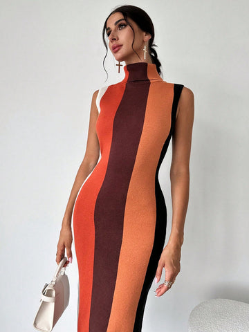 Effortlessly embody elegance with our Chic Colorblock High-Neck Sleeveless Sweater Dress. The high-neck design adds a touch of sophistication while the sleeveless cut offers comfort. Perfect for any occasion, this dress will elevate your style with its colorblock design. Experience effortless elegance today.