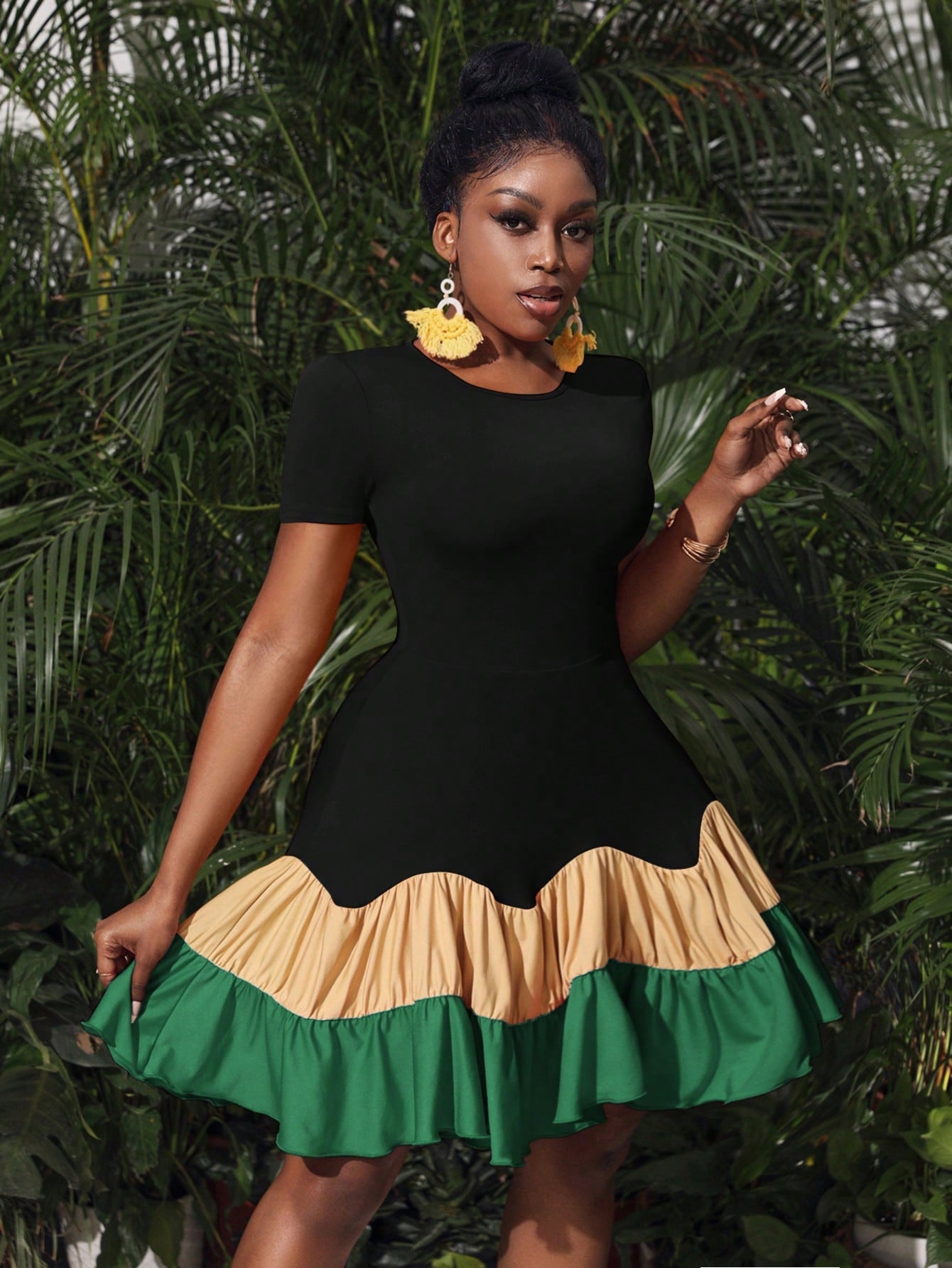 Get ready to turn heads with this Chic Colorblock Ruffle Hem Dress! Perfect for summer getaways, this dress features a playful colorblock design and a flirty ruffle hem that's sure to make a statement. With this dress, you'll be the talk of the town wherever your summer adventures take you.
