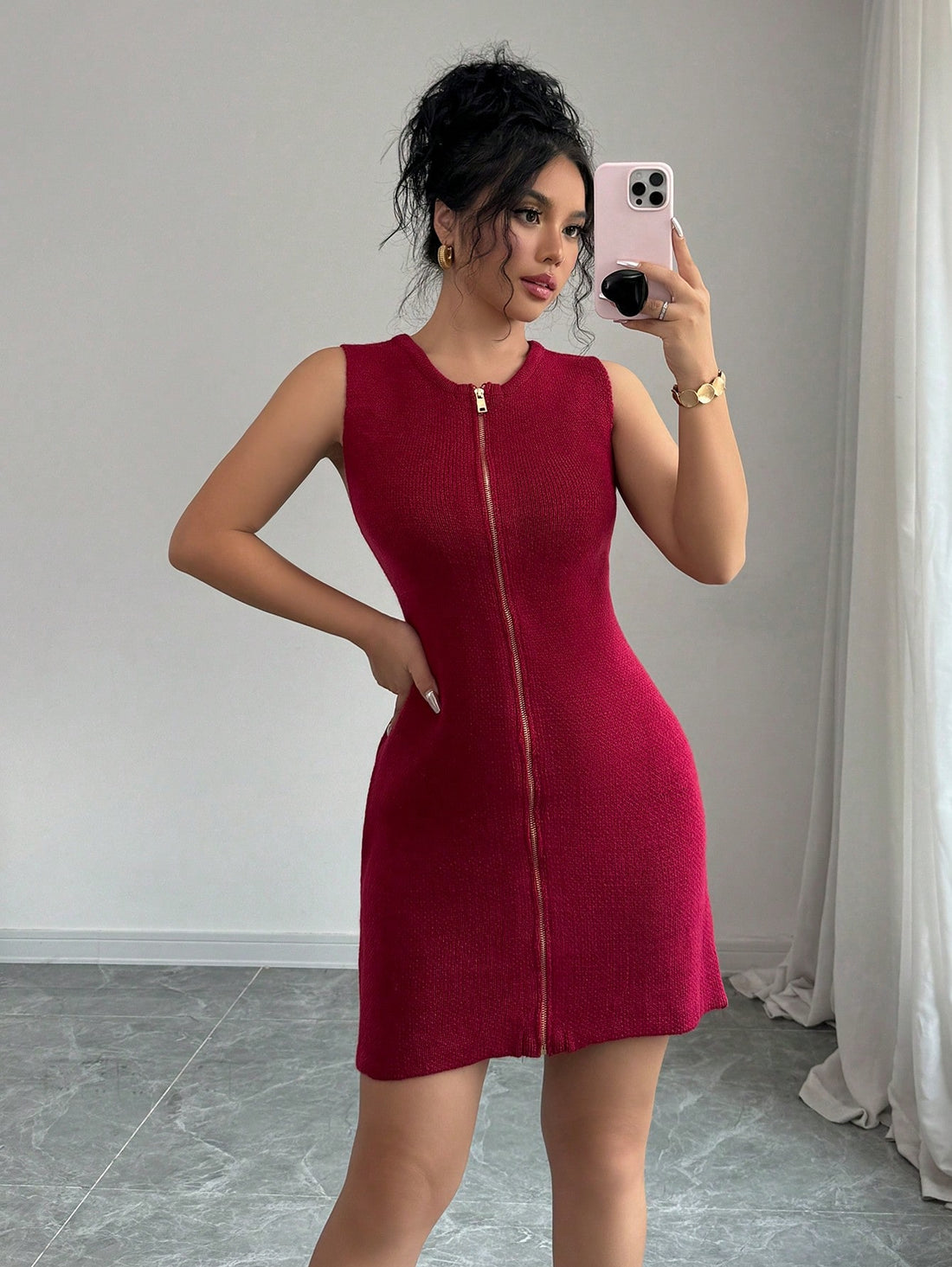 Upgrade your wardrobe with Chic Comfort's Women's Solid Color Front Zipper Sleeveless Sweater Dress. This versatile dress features a front zipper for added style and convenience. Made with comfort and fashion in mind, it's the perfect addition to any fashion-forward woman's closet.