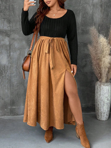 Dress up your style with this effortlessly chic and comfortable high slit dress. Perfect for spring and autumn, it features a belt for a customizable fit. Embrace ease and elegance with this wardrobe must-have.