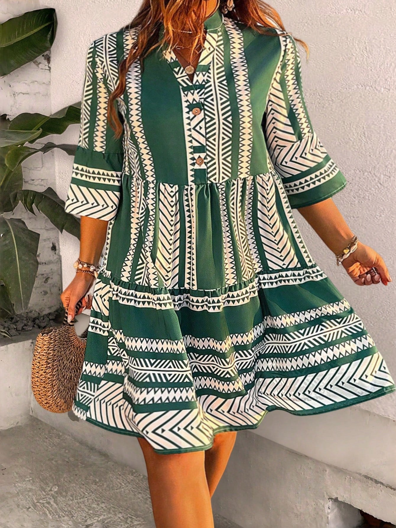 Look chic and feel comfortable in our plus size notched V-neck ruffle hem dress - ideal for your holiday escape! This versatile piece showcases your curves with a flattering neckline and adds a touch of playfulness with a ruffled hem. Perfect for any occasion, feel confident and stylish on your next getaway.