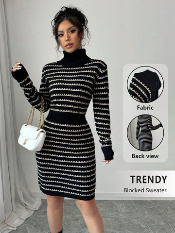 Stay cozy and stylish this season with our Chic Contrast Color Fitted Sweater Dress. Its turndown collar adds a touch of elegance, while its fitted design hugs your curves for a flattering look. Perfect for autumn and winter, this dress will keep you warm and fashionable all at once.