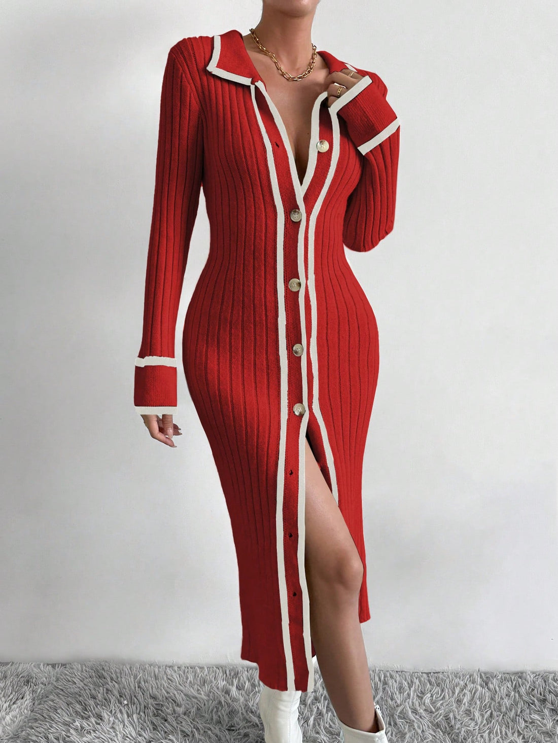Effortlessly elevate your style with our Chic Contrast Trim Button-Up Long Sleeve Sweater Dress. With its chic contrast trim and button-up design, this dress is perfect for any occasion. Stay cozy and stylish with this must-have addition to your wardrobe.