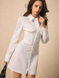 Get effortlessly elegant with our Chic Corset-Style Long Sleeve White Dress. The corset-style cinches in your waist for a flattering fit, while the long sleeves add a touch of sophistication. Perfect for any occasion, this dress will have you feeling chic and stylish in no time.