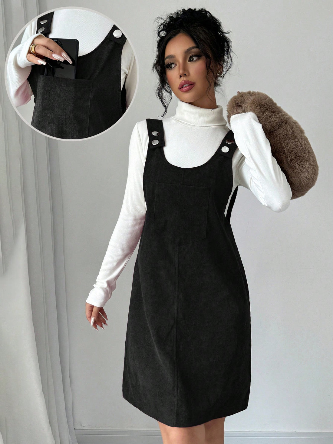Fall in love with our Chic & Cozy Suspender Dress! Stay warm and stylish this Autumn/Winter with this loose and comfortable corduroy dress featuring convenient pockets. Perfect for casual days, this dress will be your go-to for a stylish and relaxed look! (Pair it with a cute beanie for extra coziness!)
