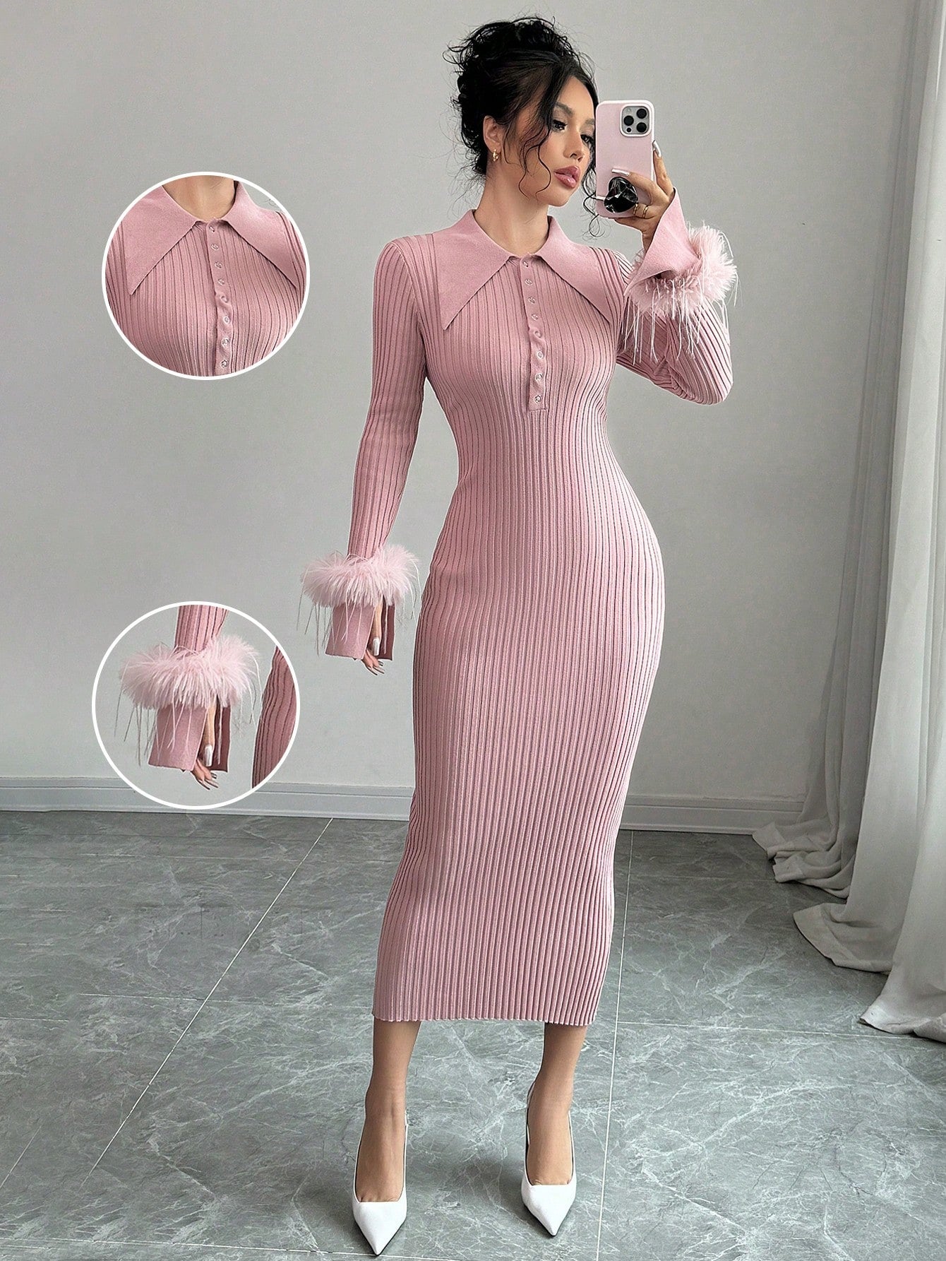 Experience the perfect combination of chic and cozy with our Long Fitted Knit Dress featuring trendy fuzzy cuff accents. Made from high-quality knit fabric, this dress will hug your curves and keep you warm on those chilly days. Elevate your style and comfort with this must-have piece.