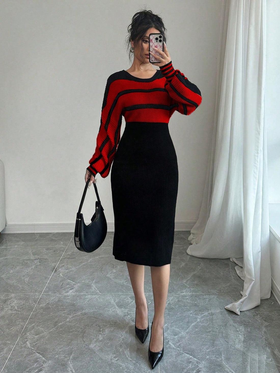 Stay stylish and warm with our Chic & Cozy bodycon sweater dress. Featuring a flattering drop shoulder design and long sleeves, this dress is perfect for any occasion. Made in red and black, this dress is both chic and cozy, perfect for the colder months. Upgrade your wardrobe with this must-have piece.