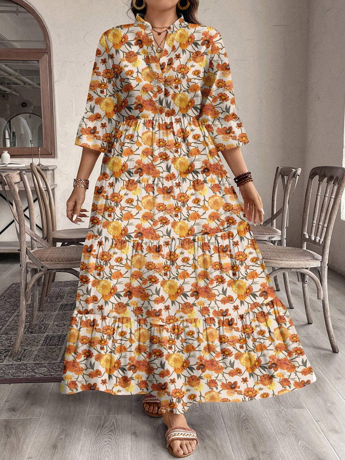 Introducing the perfect dress for the colder months - our Chic & Cozy Plus Size Yellow Ditsy Floral Dress for Autumn/Winter! Made with a warm and comfortable fabric, this dress will keep you cozy while still looking chic. The yellow ditsy floral print adds a touch of femininity to any autumn or winter outfit.