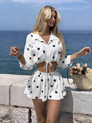 Chic Cream Yellow Polka Dot 2-Piece Skirt Set for Stylish Summer Vacations and Casual Outings 