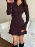 Front view of dark brown rib-knit mini dress with pointed collar, button placket and flared long sleeves