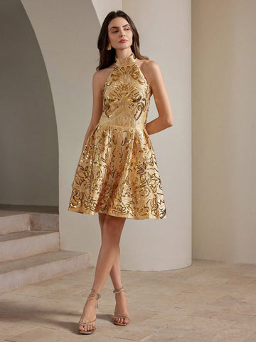 "Shine bright this New Year's Eve with our Chic & Dazzling backless dress. Featuring a halter neck and intricate sequin design, you'll dazzle the night away. Stylish and glamorous, this dress will make you the center of attention. Ring in the new year in style (and a little sparkle) with this glamorous piece.