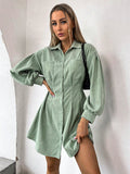 Experience effortless style with our Chic Dual-Pocket Lantern Sleeve Cord Shirt Dress. The unique plicated details and dual pockets add functional and fashionable appeal. Designed with lantern sleeves, this dress is perfect for any occasion. Elevate your wardrobe with this must-have statement piece.