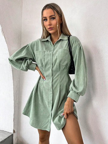 Experience effortless style with our Chic Dual-Pocket Lantern Sleeve Cord Shirt Dress. The unique plicated details and dual pockets add functional and fashionable appeal. Designed with lantern sleeves, this dress is perfect for any occasion. Elevate your wardrobe with this must-have statement piece.