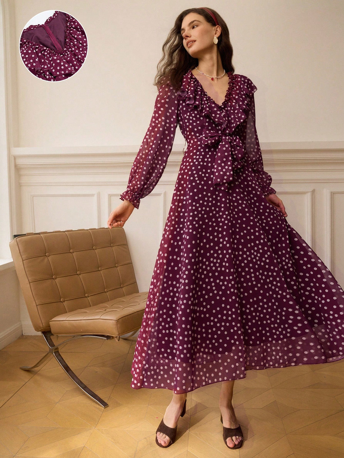 Elevate your autumn wardrobe with this charming polka dot dress that effortlessly transitions from brunch to evening plans. The flattering V-neckline and delicate ruffled details add a touch of whimsy, while the timeless dot pattern keeps things sophisticated. Perfect for anyone who loves mixing playful style with polished elegance, this 2025 seasonal essential works beautifully on its own or layered with your favorite cardigan. Dress it up or down—this versatile piece is ready for whatever your day brings.