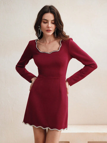 Add some sparkle to your wardrobe with the Chic Elegance cocktail dress. Featuring a square neckline and fitted silhouette, this dress exudes confidence and elegance. The diamond trim adds a touch of glamour, making it perfect for any special occasion.