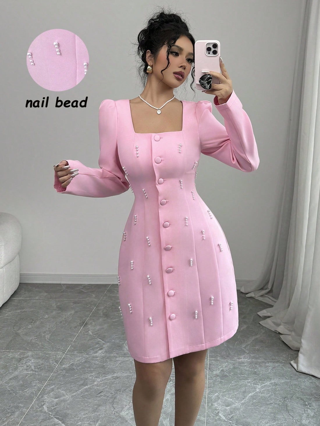 Introducing the Chic Elegance: Elenzya Square Neck Puff Sleeve Pearl-Embellished Pink Dress! Embody elegance and sophistication with its unique square neck design, statement puff sleeves, and delicate pearl embellishments. Perfect for any occasion, this dress will make you feel confident and stylish.