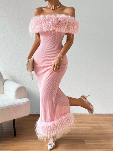 Elevate any occasion with our Chic Elegance: Furry Splice Off-Shoulder Dress. The luxurious fur detail and off-shoulder design add a striking touch to your look. Make a statement with this elegant dress, perfect for any formal event or night out.