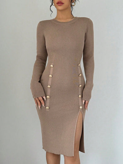 Elevate your style with our Chic Elegance Knit Sweater Dress. Designed with a high-slit and long sleeves, this dress exudes sophistication and comfort. Perfect for any occasion, this dress allows you to make a statement without sacrificing comfort.