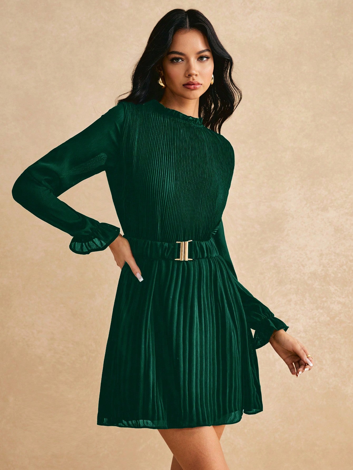 Unleash your chic side with our Solid Color Stand Collar Pleated Dress. Featuring a trendy stand collar and a flattering pleated design, this dress exudes effortless elegance. The long sleeves and included belt add a touch of versatility. Get ready to slay in style with Chic Elegance!