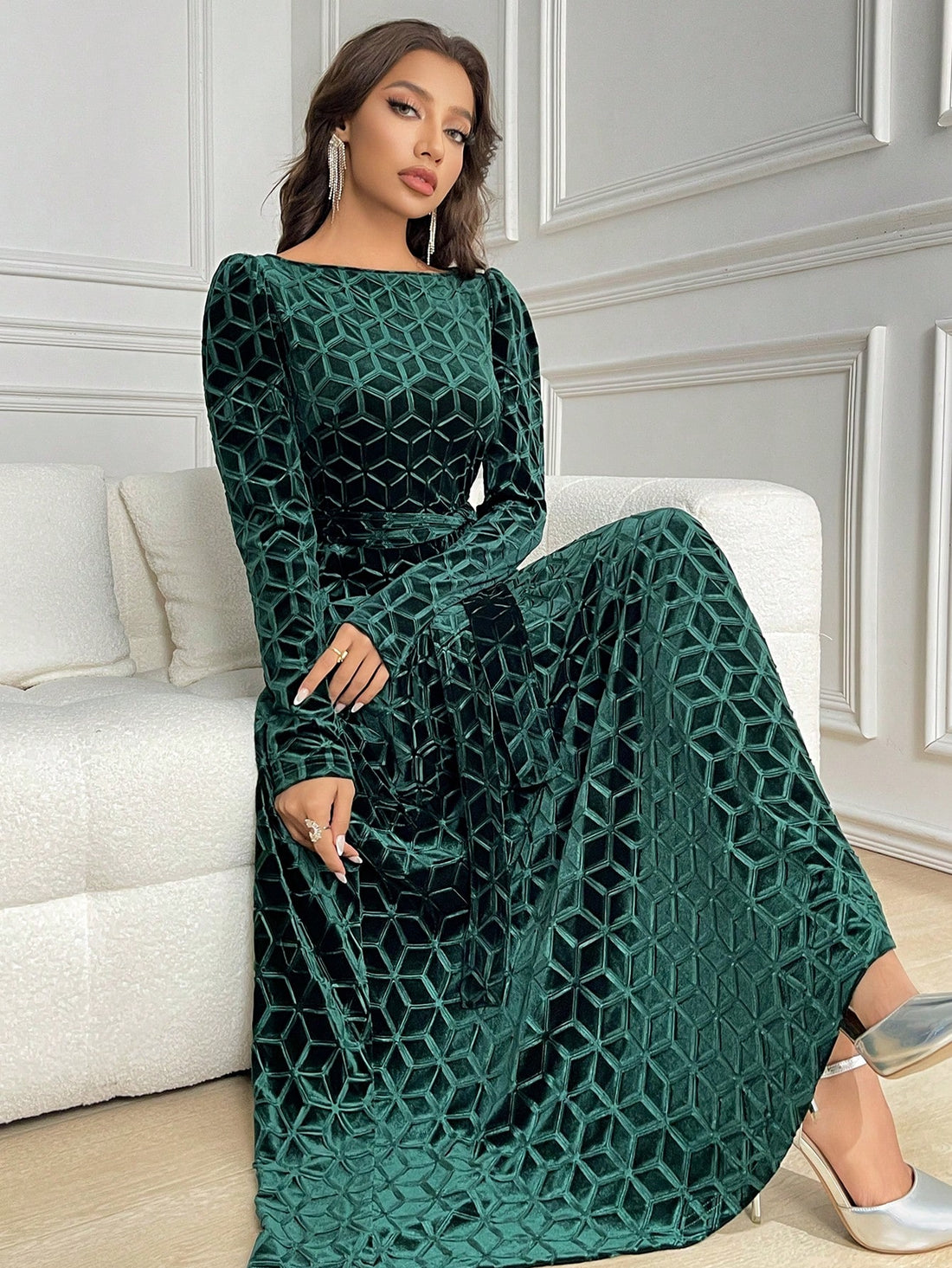 Get ready to turn heads with the Chic Elegance dress! Featuring a full print and belted waist, this dress is perfect for any occasion. The long sleeves add a touch of sophistication while the bold print showcases your unique style. Stay chic and elegant with this must-have addition to your wardrobe.